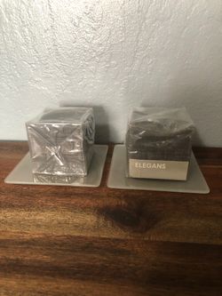 Gray block candles with glass candleholders, set of two