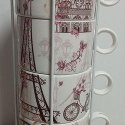 SWEET LIVING Collection - Paris Eiffel Tower Design  4 Stackable Mugs With Caddy