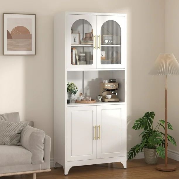 Polup 75" H Kitchen Storage Cabinet, Display Cabinet with Four Doors, Metal with Adjustable Shelves, White modern