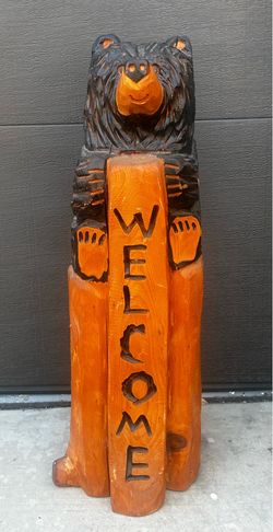 Wooden Welcome Bear on a log 2ft tall