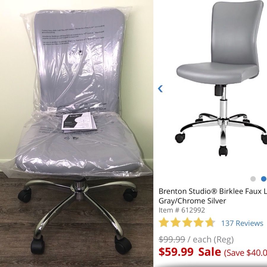 Brenton Studio Birklee Faux Leather Task Office Chair, Gray/Chrome Silver NEW