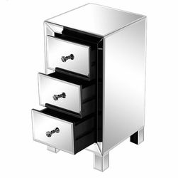 Mirrored bedside table with 3 drawers, silver side table with mirror