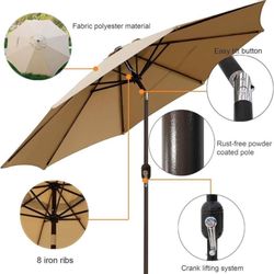 10FT Patio Umbrella Outdoor is new in the box; available colors are Beige, Sky blue, Navy blue.
