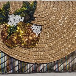 Betsey Johnson Pineapple Sequin Straw Clutch Crossbody Gold Chain Navy Purse