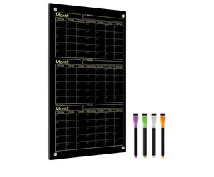 Black Glass Whiteboard Calendar 36" X 18" 3 Month Dry Erase White Board Planner Glass Large Wall Mounted Calendar with Marker Tray for Wall Home Offic