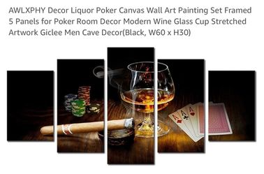 Liquor Poker Canvas Wall Art Painting Set Framed 5 Panels for Poker Room Decor Modern Wine Glass Cup Stretched Artwork Giclee Men Cave Decor(Black, W6