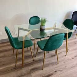 Emerald Green Gold Modern Velvet Glass Dining Set 