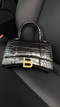 Balenciaga Shiny Calfskin Crocodile Embossed Hourglass Top Handle Bag XS Black