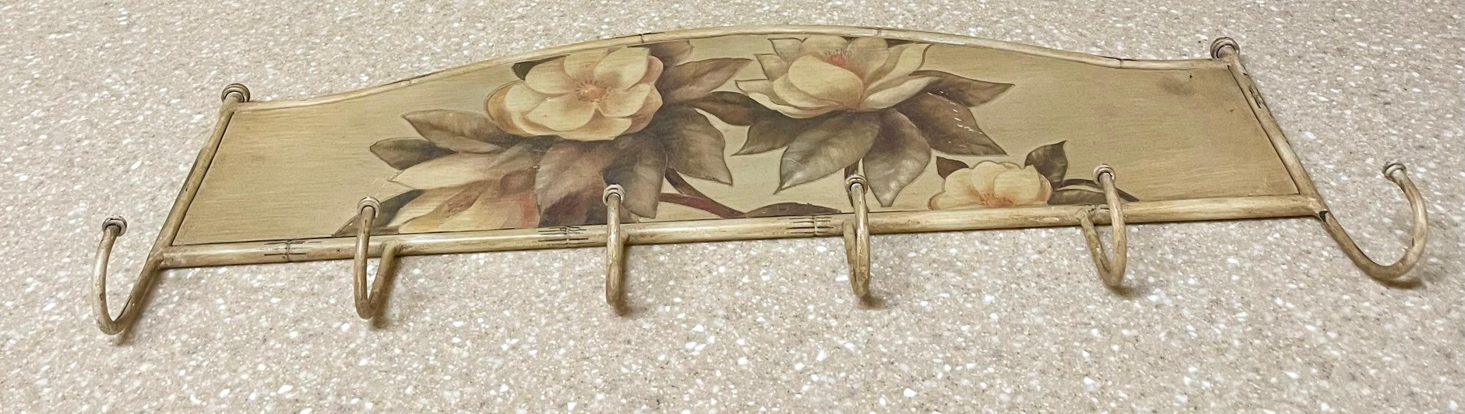 Wall Mounted 6 Hook Rack, Floral Design, 23.5L/7.5-6"H
