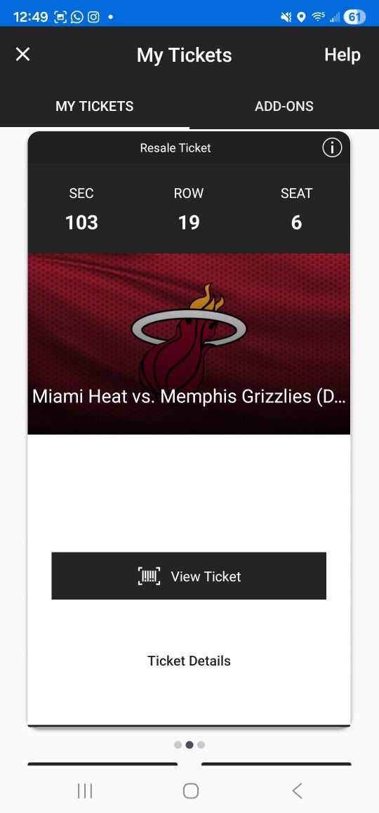Miami Heat Vs Memphis 3 TICKET