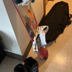 Snowboarding lot, including Burton imprint to boots, boards, and very good condition, also includes traveling case from Aumistic