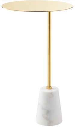 Benjara Frank 12 Inch Drink Side End Table, Top, Marble Solid Cone Base, White and Gold