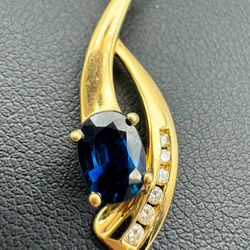 14k yellow gold Natural 0.75 Blue Oval Sapphire 0.15CTW Natural Diamond 16” Necklace