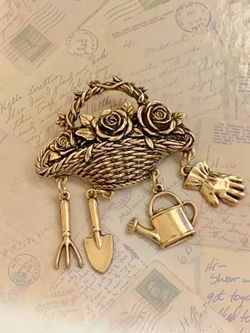 Rose Basket Brooch with Dangling Gardening Tool Charms