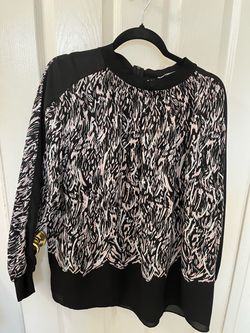Blouse, black collar, black sleeves, beautiful designer, pink, black, and white, splashed all over it