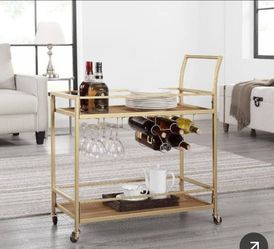 3 feet Gold 2-Tier Rectangle Metal Bar Cart Wooden Serving Trays
