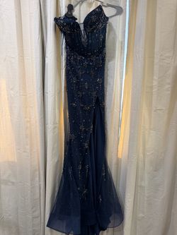 Navy Blue Beaded  Mermaid Gown