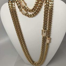 12MM Cuban Link Set 14K Gold Plated Doesn't Loses Color 
