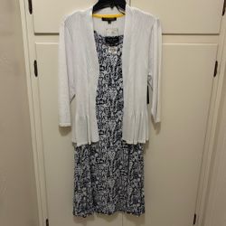 Dark Blue And White Printed Dress W/ White Sweater