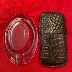 CROCODILE CIGAR CASE & VINTAGE LUCITE ASH TRAY