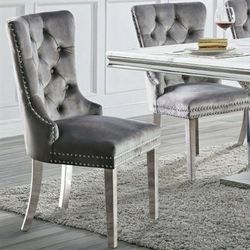 Grey Velvet Wingback Dining Chair With Chrome Ring And Legs Nailhead Trim Sold In Sets Of 2 Firm Price $380 For 2 Chairs 