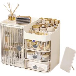 Makeup Organizer for Vanity,Large Capacity Makeup Storage Organizer with 3-Layer Drawers and Mirror,Cosmetics Display Case Make up Organizers for Vani