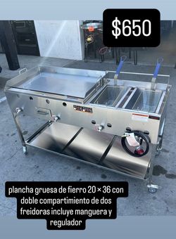 plancha gruesa de fierro 20 × 36 con doble compartimiento de dos freidoras incluye manguera y regulador