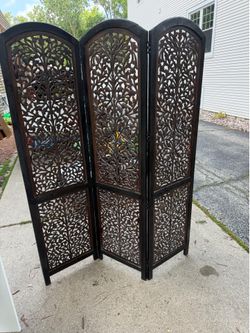 Vintage Hand-Carved Wooden Room Divider / Privacy Screen – 68” Tall , 18 inch panels, folding, $325