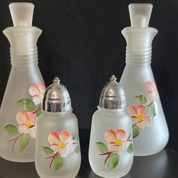 Hazel Atlas Hand Painted Salt And Pepper Shakers With Matching Oil And Vinegar Cruets