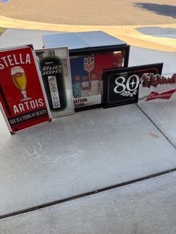 5 Beer Bar Signs & Mirrors Lot – Bud Light, 805, Stella, Budweiser