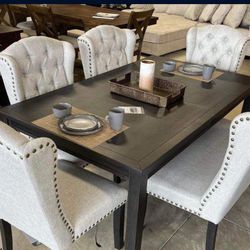 Jeanette Black/Linen Rectangular Dining Set Table And Chairs 