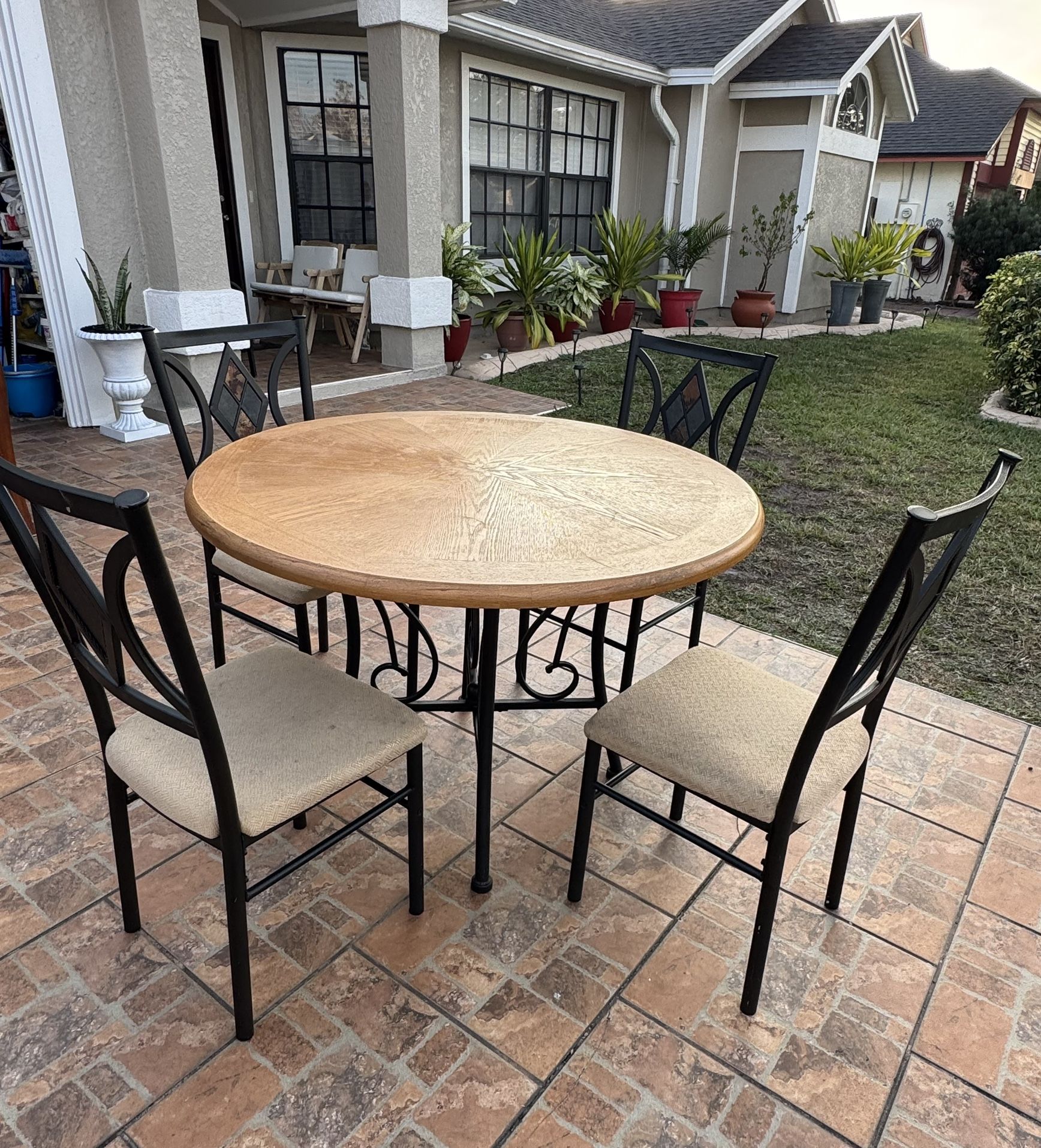 Wood Table Metal Base & 4 Chairs 