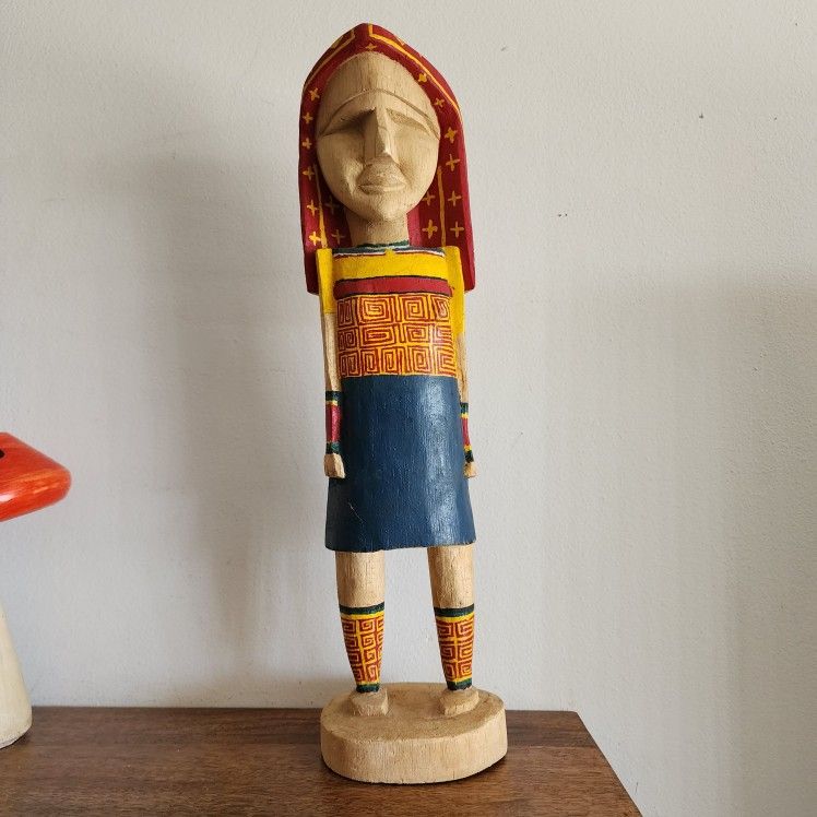 Awesome Large Wooden Carved "Nuchus" Good Spirit Sculpture Multi-Colored