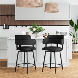 Set of 2 swivel bar stools, 24 inches,ergonomic backrest, linen-upholstered bar stools with chrome metal legs for kitchen island (black, 61 cm)