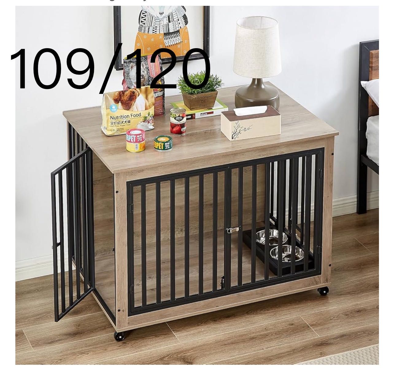 🔥Dog Crate Furniture, Dog House Indoor with Feeding Bowl and Wheels, Wood Dog Crate Dog Kennels Decorative Dog Crate for Small Medium Dogs Grey 43.7"