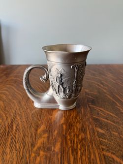 Vintage German Zinn Pewter Hunting Horn Cup Mug Raised Hunter Deer Scene