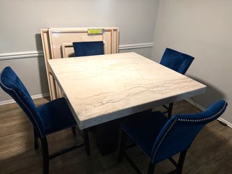 Marble Dining table 4x4 FT w four chairs and Free ottoman