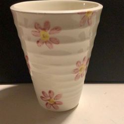 Mud Hut Vase Pink Flowers Yellow Hearts Ribbed