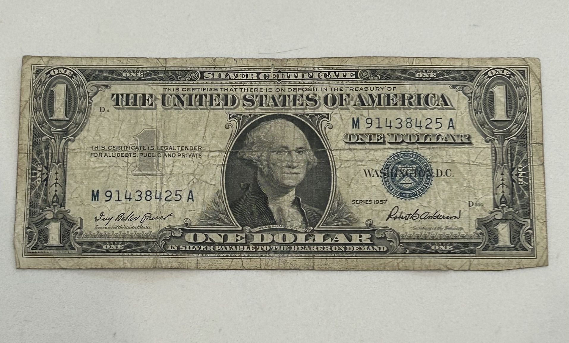 1957 $1 One Dollar Silver Certificate Bill. Blue Seal BankNote Currency.