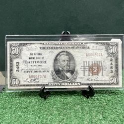 1929 the national marrying Bank of Baltimore, Maryland $50 national currency