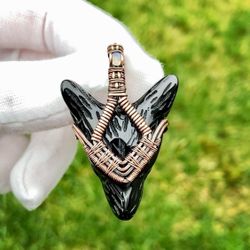 Onyx Wolf Head Copper Wire Wrap Pendant 