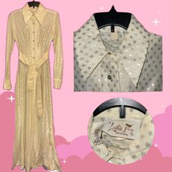 Leslie Fay Yellow Beige Vintage Womens Dress Size Small Retro Mid Century Shimmers Built in Belt