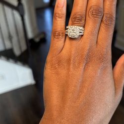 14K Gold Cluster Engagement Ring with Wedding Band