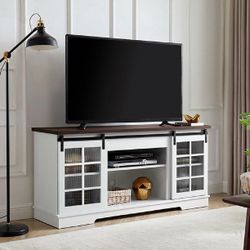 Farmhouse TV Stand with Glass Sliding Doors and Adjustable Shelves for TVs Up to 65'',  available in (white, Brown, Gray) $149.99
