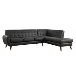 MID CENTURY MODERN BLACK BONDED LEATHER SECTIONAL SOFA CHAISE