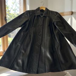 Overland Black Leather Flare Coat – Excellent Condition – Includes Garment Bag