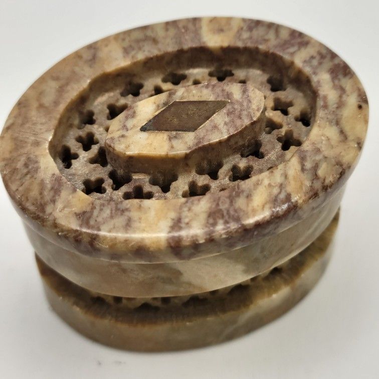 Vintage Lidded Carved Soapstone Trinket Box Made in India 2.25"x2"