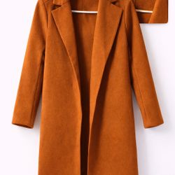 SHEIN Women’s Long Wool-Style Open Front Coat – Rust Orange – Size S 