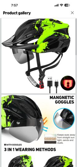 tadpole Bike Helmet with Light & Goggles, Bicycle Helmets Men Women Adult Removable Visor, Safety Lightweight Mountain Cycling Helmets, Adjustable Dia