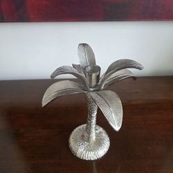 Silver-toned metal palm tree candlestick holder
